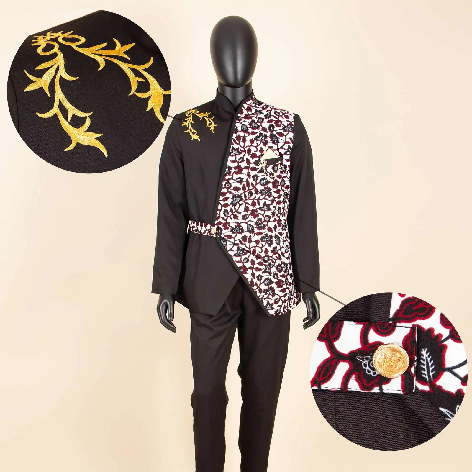 Men's 2 Piece Suit One Button Slim Fit Embroidery Print Blazer Pants Set African Clothes with Brooch for Party Wedding 2416047