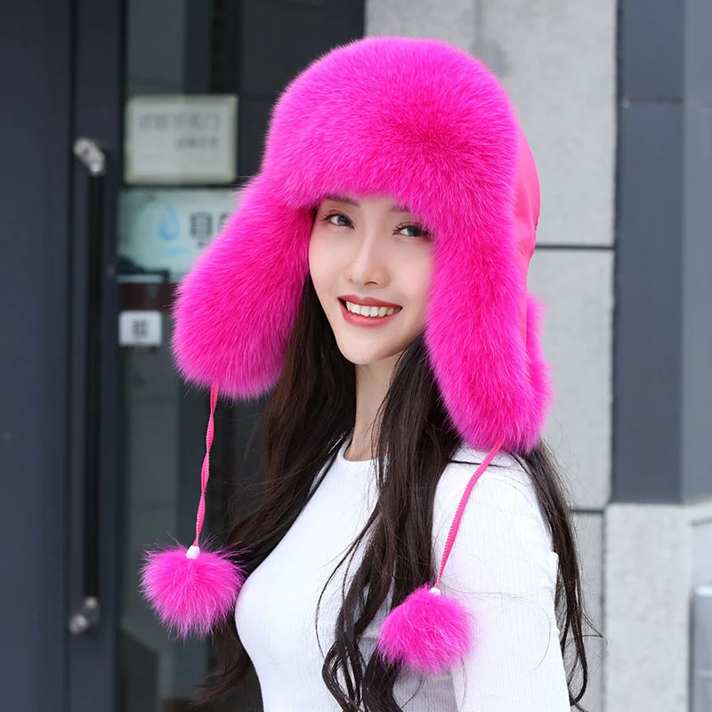 Winter 100% Real Fox Fur Hats Women's Russian Ushanka Aviator Snow Skiing Fashion Hat Earflap Caps Raccoon Fur Bomber Hat 2024