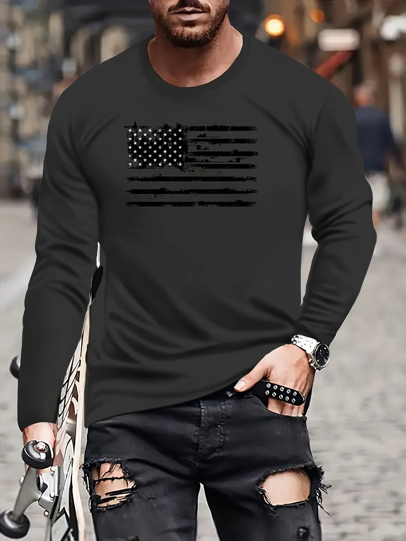100% cotton men's long sleeved round neck loose classic print autumn and winter casual versatile T-shirt top