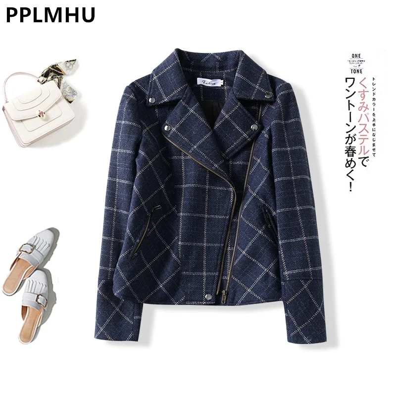 Fall Winter Plaid Wool Blend Slim Jackets Women Thick Korean Tweed Coats Casual Lapel Woolen Chaquetas Long Sleeve Casacos New