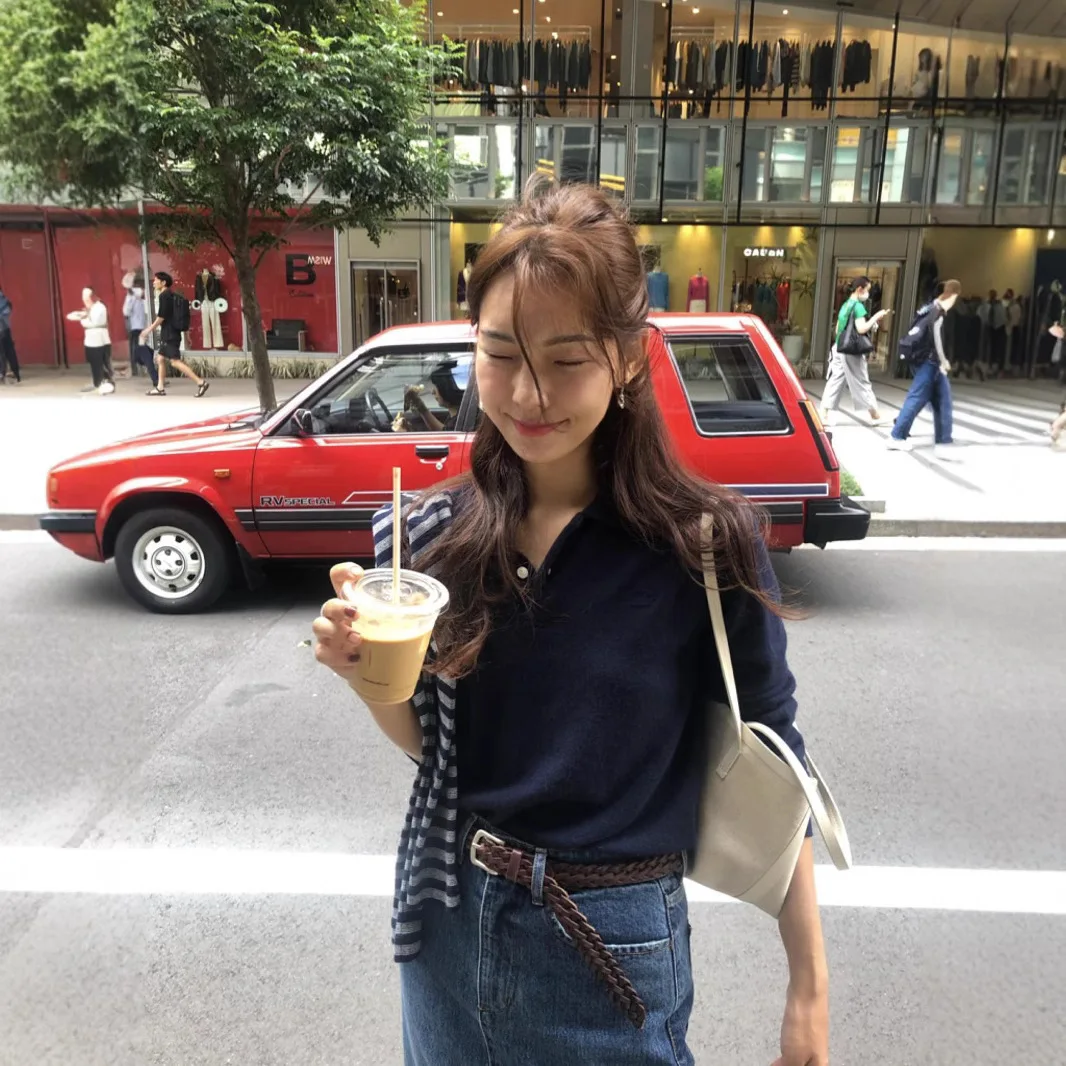 Suéter de punto tipo polo con letras bordadas thebarnnet de Corea del Sur, suéter con cuello versátil