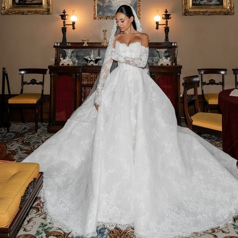 

Customized simple white Ball Gown Royal Wedding Dresses crystal Lace applique Long tail Long sleeves Made Robe De