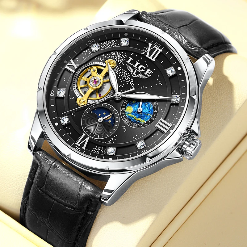 

LIGE новые черные кожаные часы для мужчин, военные спортивные водонепроницаемые автоматические часы, мужские модные светящиеся мужские механические наручные часы