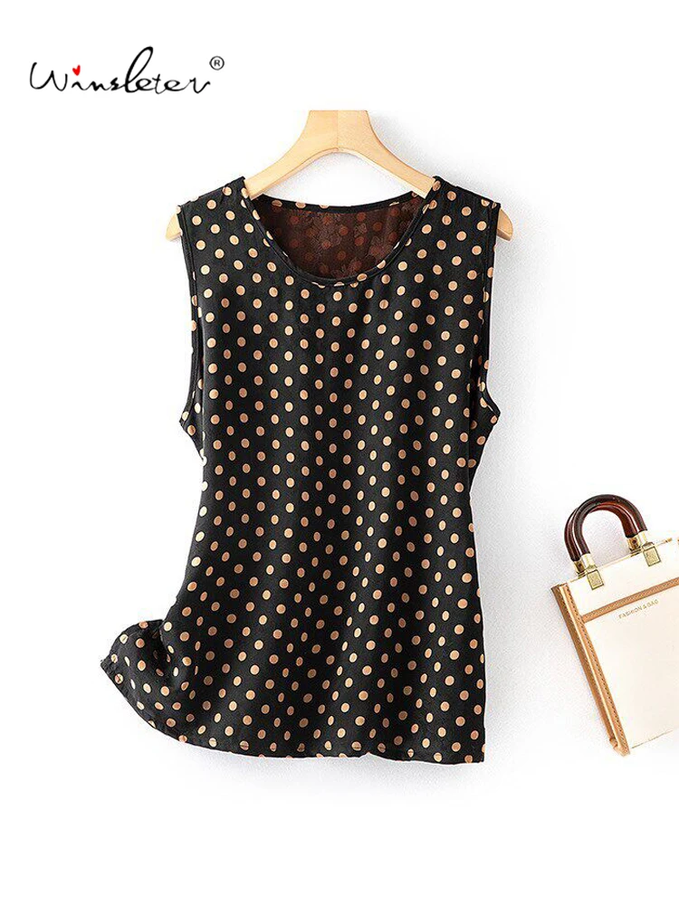 Winsleter-100%Real Silk Watered Gauze Elegant Vest, V Neck Dot, Women Fashion Versatile Loose Tank Top, 2026 Summer New T66104CC