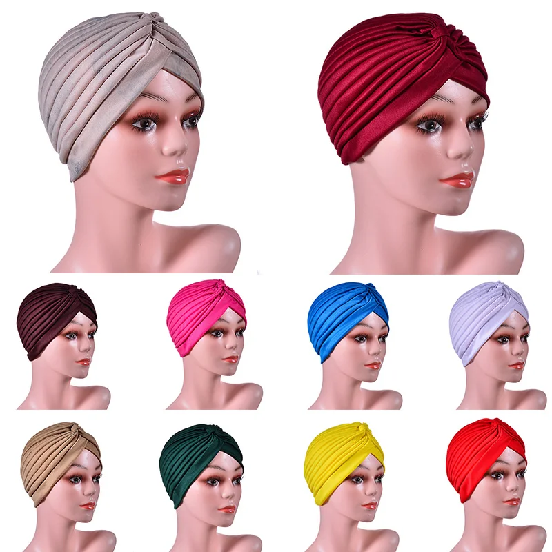 Women Print Turban Head Wrap Adjustable Swimming Cap Swim Pool Bathing Hat Protect Pleated Fabric Headwear Yoga Caps Multi Color