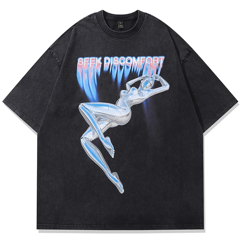 

Summer Mens Washed Tshirts Hip Hop Suspending AI Robot Graphic T-Shirt 2024 Streetwear Harajuku Vintage Casual Cotton Tops Tees