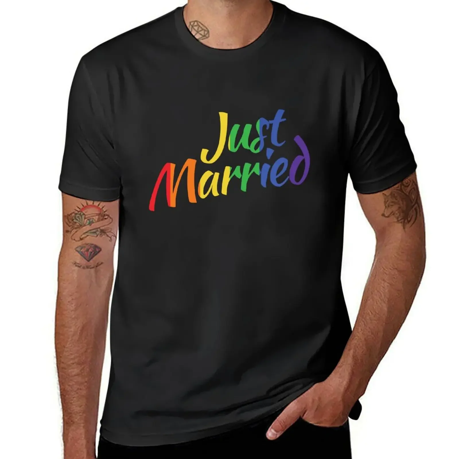 

justmarried - Just Married Gay Wedding Rainbow LGBT T-Shirt plain blacks plus sizes sports fans heavy weight t shirts for men