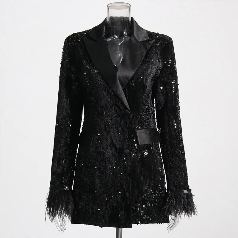 

Women's Long Sve Sequin Dr irt Ele Lapel Outerwear Spring 2025 Faion Casual Chic Chinese Brand Free ip
