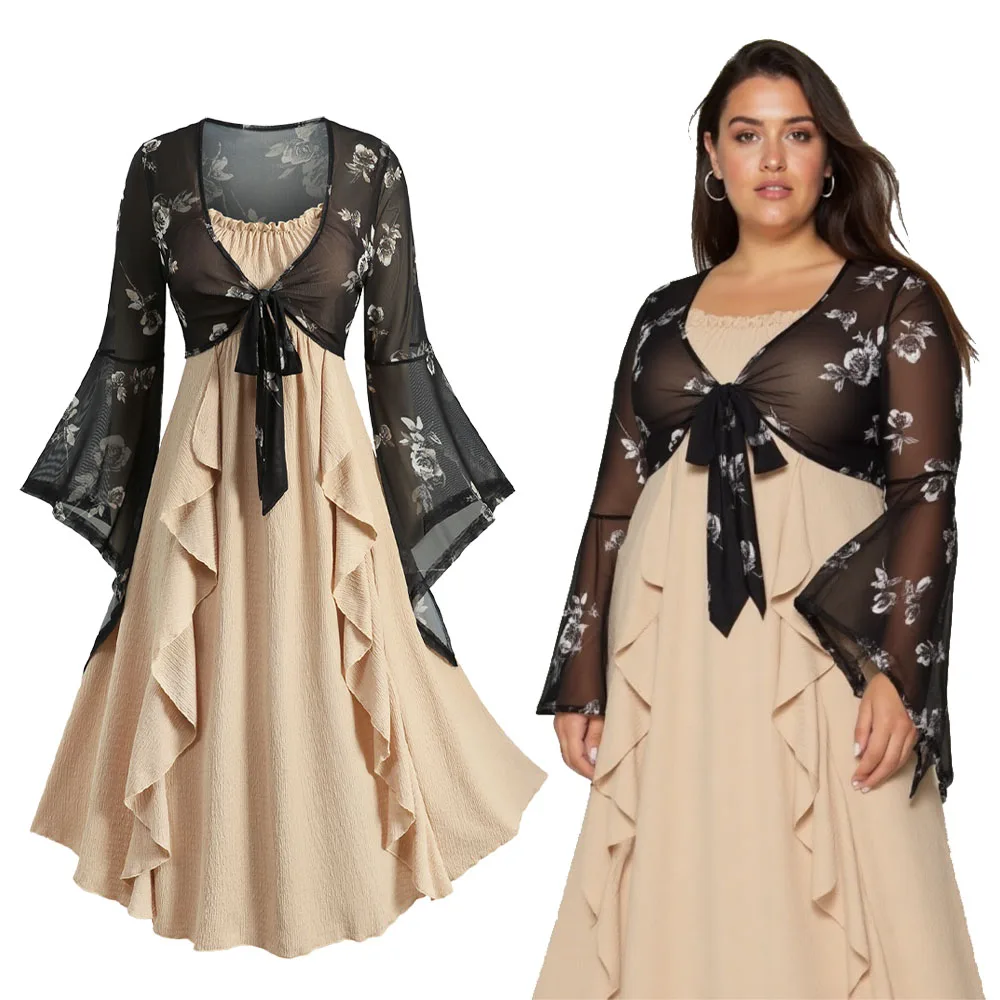 

ROSEGAL Plus Size Ruffles Ruched Plisse Cami Dress Flower Print Mesh Flare Sleeves Top Women's Spring Fall Casual Dress 2-Pieces