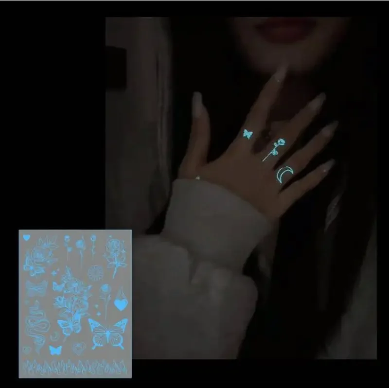 1/6 Lembar Stiker Tato Bercahaya Biru Tahan Air Sementara untuk Jari, Pergelangan Tangan, Seni Tubuh, Tato Kupu-kupu Palsu