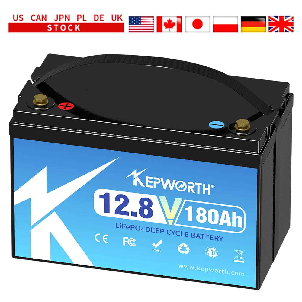 بطارية KEPWORTH 12.8 فولت 180 أمبير LiFePO4، مدمجة 100 أمبير BMS 2304 وات في الساعة، مثالية للطاقة خارج الشبكة، المنزل المتنقل، النظام الشمسي