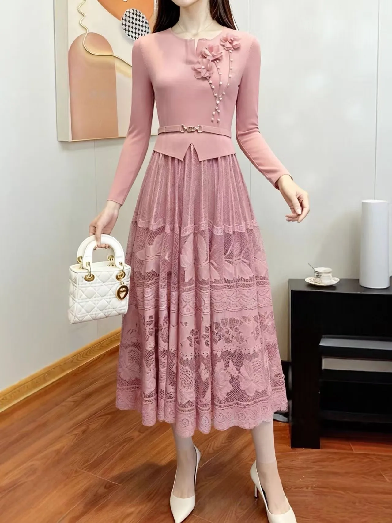 مياكي فستان مطوي مزاجه الاجتماعي سليم الدانتيل مطوي تنورة الملابس النسائية الأفريقية فستان جديد #6