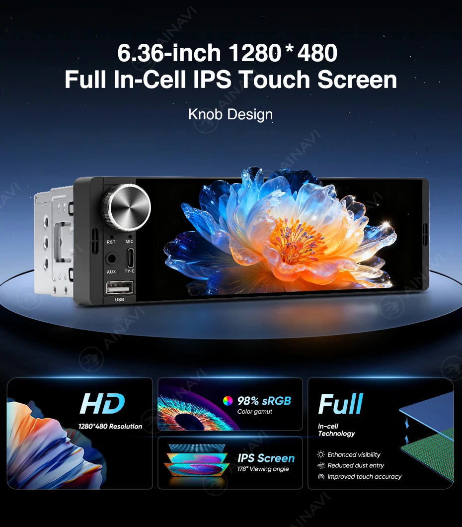 AINAVI K40 Universelles 1 DIN Autoradio Kabelloses Carplay Android HD 1280*720 IPS Touchscreen Single Din Autoradio 1DIN Multimedia – Detail 3