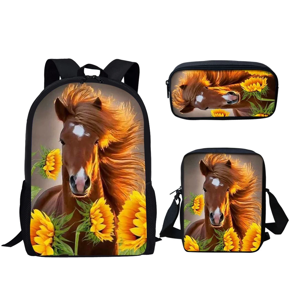 Sunflower Horse Print 3 buah tas sekolah ransel kasual remaja laki-laki perempuan tas buku siswa tas makan siang tas pensil ransel harian