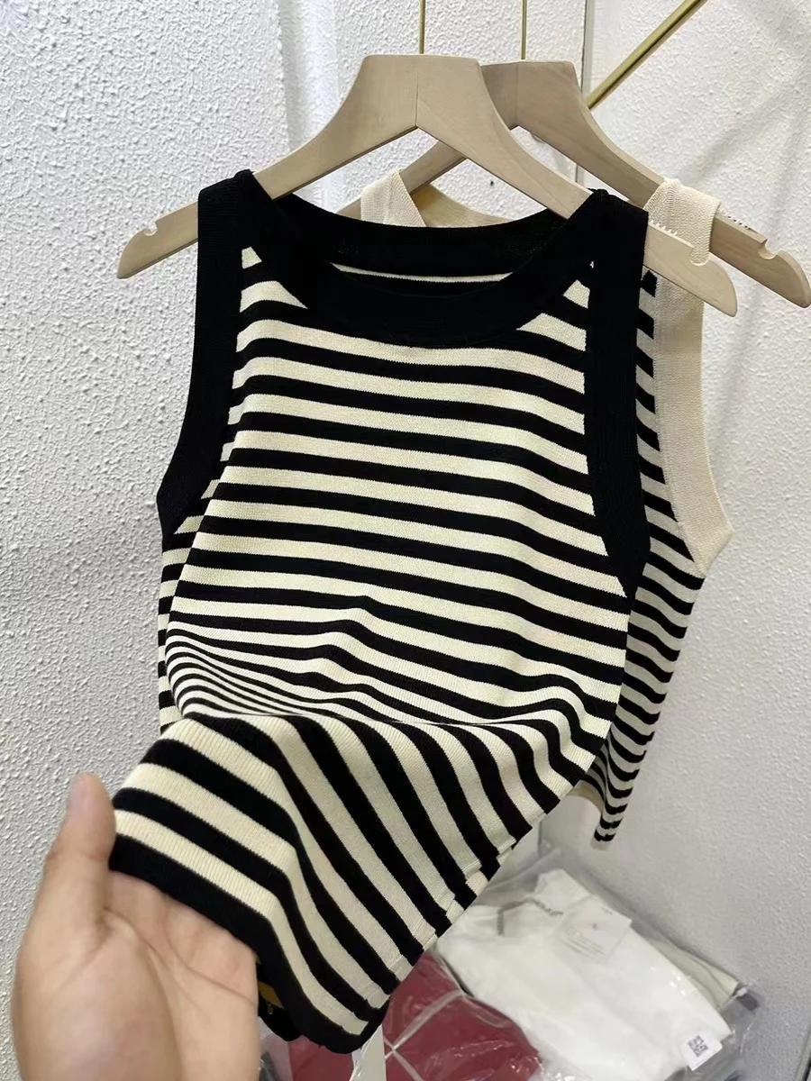 

2025 Spring Summer Women's Slim Fit Striped Tank Top plus Size Outerwear Base irt Casual Commute Sle Polyester Blend