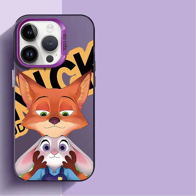 Matte Phone Case for Apple iPhone 15 14 13 12 11 pro Max 15plus 14plus Disney Zootopia Nick Judy Colorful Silver Acrylic Cover