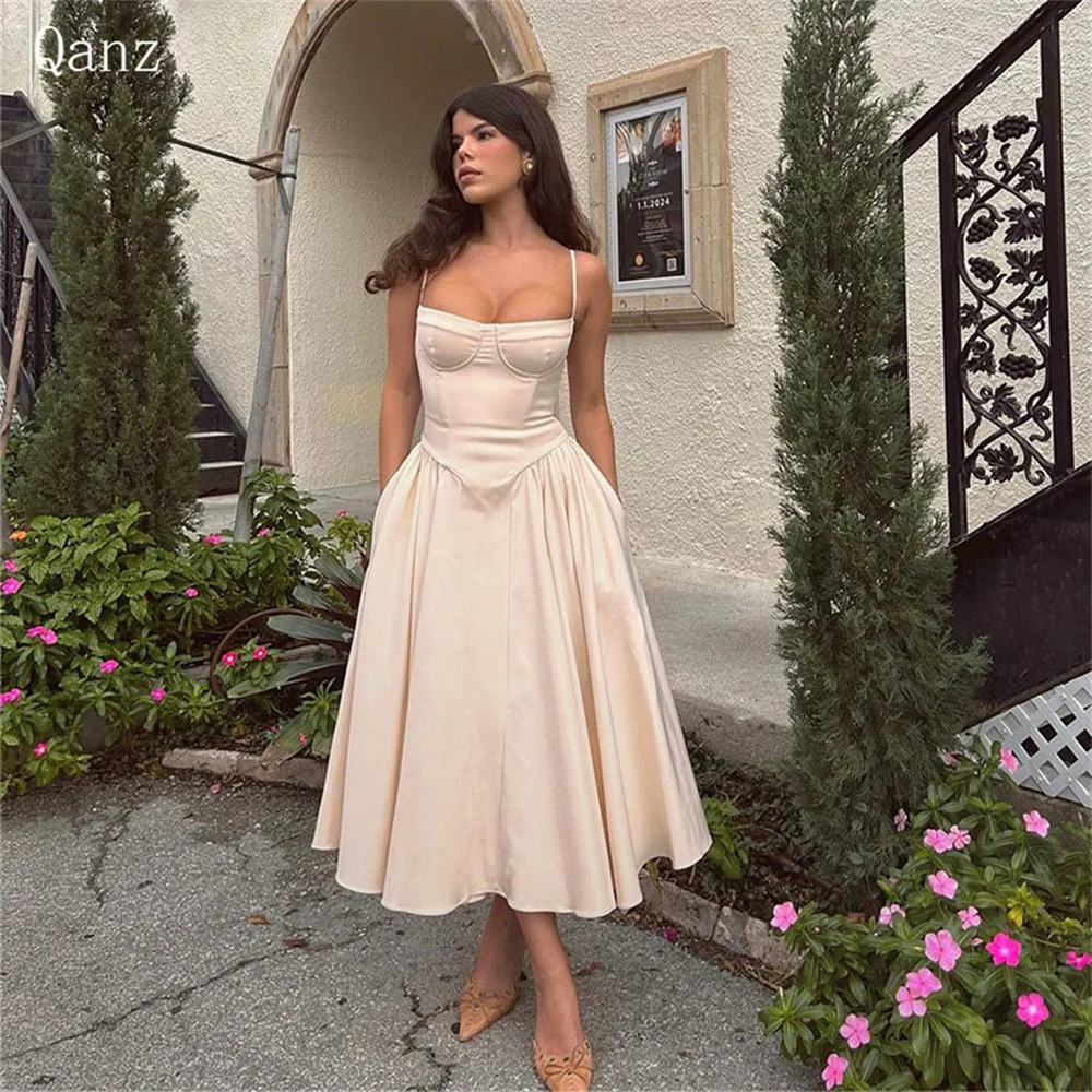 

Qanz Vintage Champagne Prom Dresses for Women Spaghetti Straps Satin Tea Length A Line Dress Party Night Robe De Bal Feerique