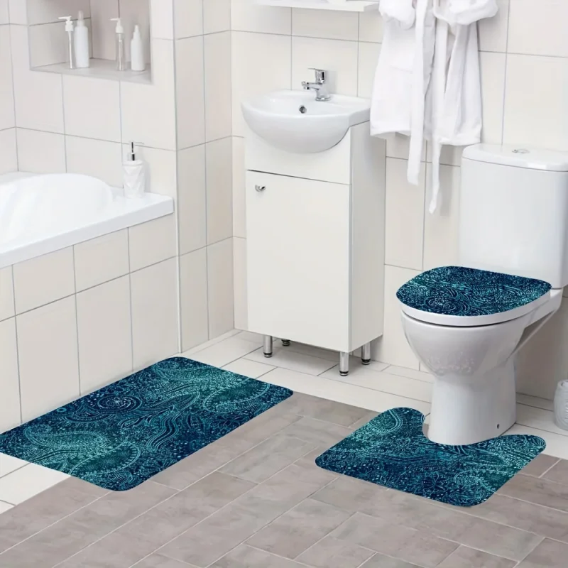 3pcs Blue Paisley Bathroom Mat Set - Non-Slip, Absorbent & Soft Floor Mats for Home Use - Includes U-Shaped Toilet Rug, Lid Cove