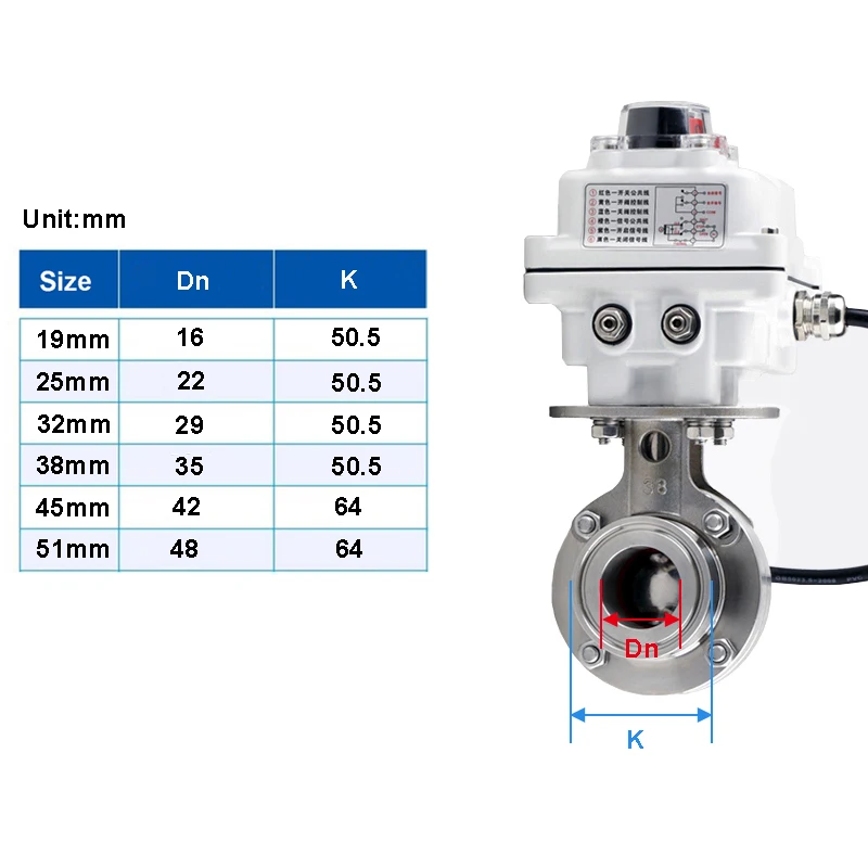 Detalle 2 de Electroválvula 19/25/32/38/51/76mm 304Stainless Steel Electric Butterfly Valve Sanitary Motorized Clamp-Type Butterfly Valve 220VAC Mini Motor Agua y vapor