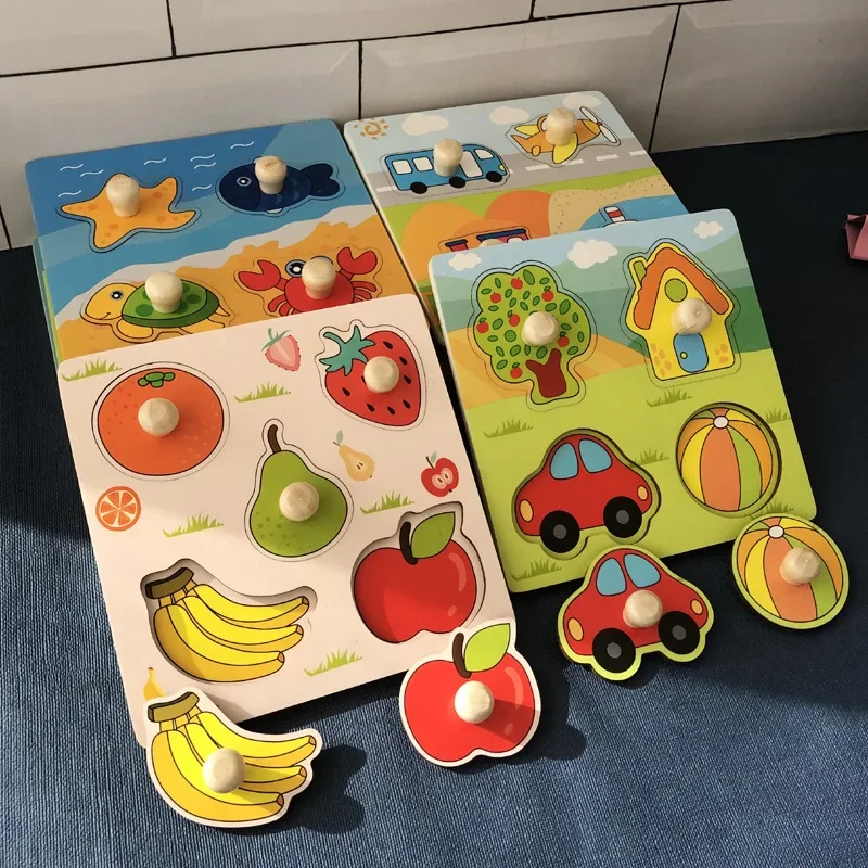 

Children Hand Scratch 3D Wooden Board Baby Cartoon Montessori Early Education Farm Fruit Cognitive Puzzle Toy
