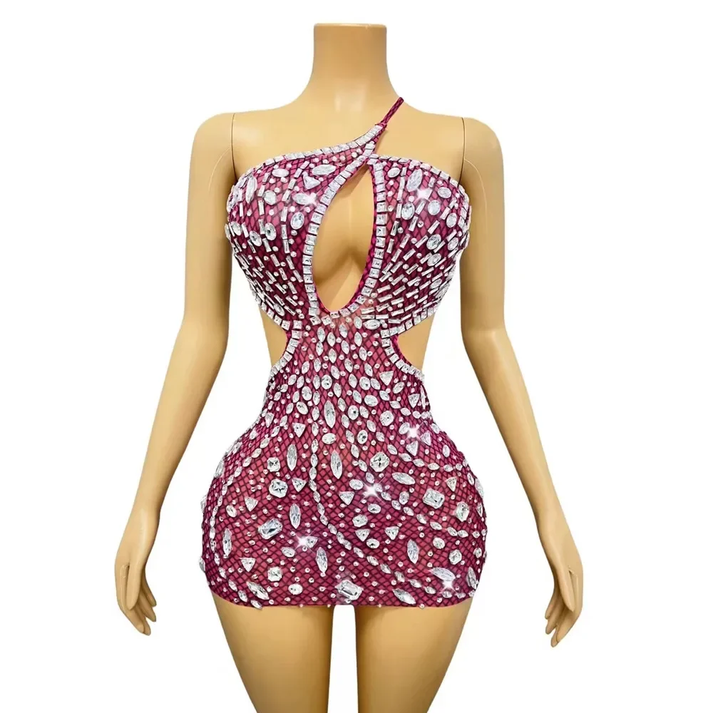 Club Nightclub Party Short Dress Women Singer Stage Performance Costume Sexy Backless Slanted Shoulder Tight Crystal Mini Dress