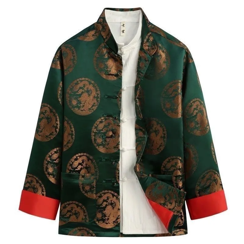 Handmade Men's Printed Jacket Autumn Spring Seasonal Long Sleeve Youth Casual Geometric Pattern Tang Costume Style Button up