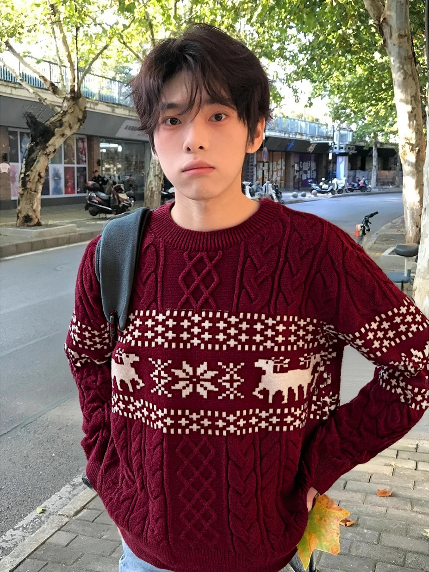 

Cisas Deer Pattern Knitted Sweater Men's Winter Warm Base Layer Top Casual Sle Polyester Fiber Long Sve round Ne