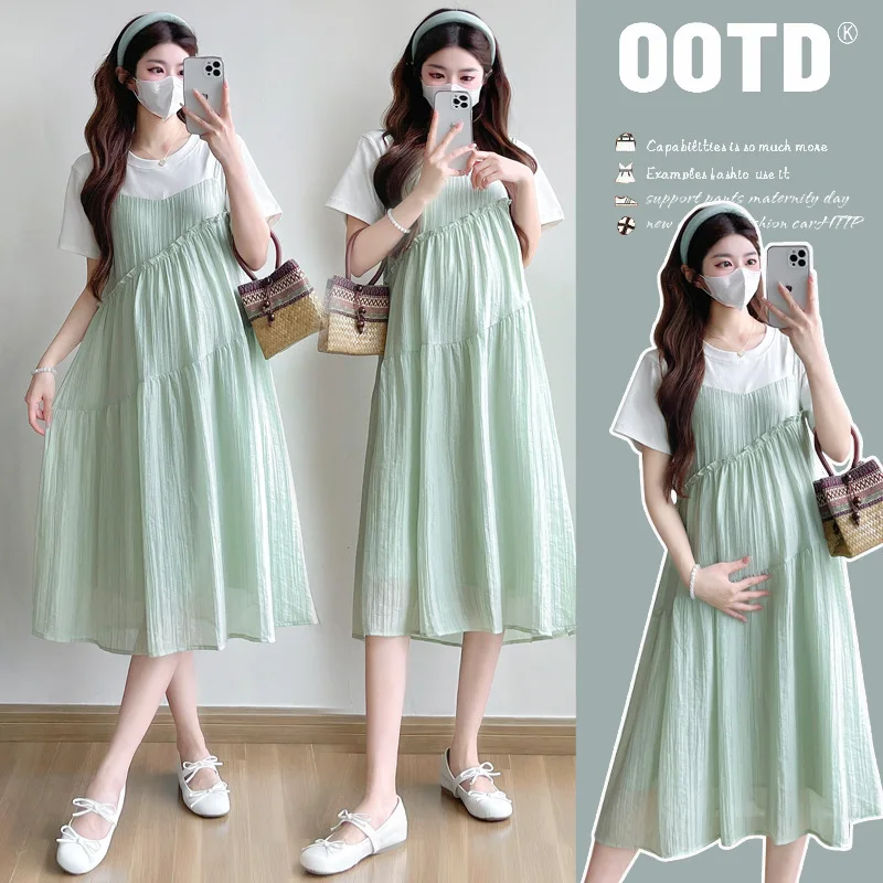maternity-dress-summer-2026-green-patchwork-short-sleeve-fake-two-piece-dress-for-pregnant-women-loose-soft-comfortable-casual