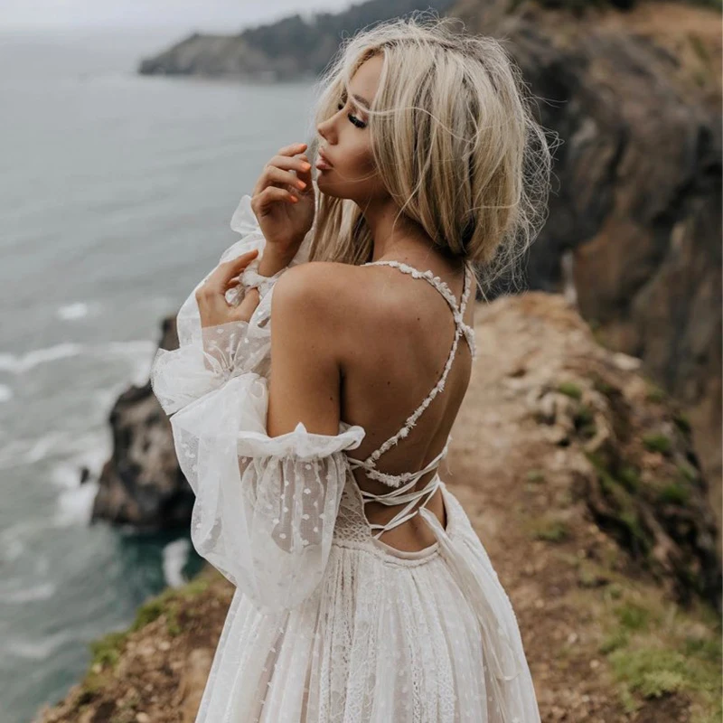 Boho cintas de espaguete vestido de casamento de elopement sem costas espartilho polka pontilhada rendas mangas compridas destacável sem costas vestido de noiva