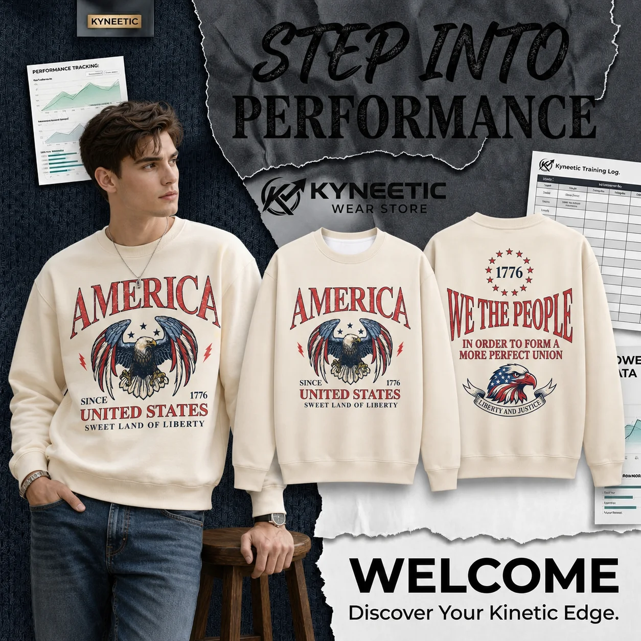 Vintage American Bald Eagle Print Parent-Child Long Sleeve Crewneck Sweatshirt Casual Independence Day 4th of July Tops Streetwe
