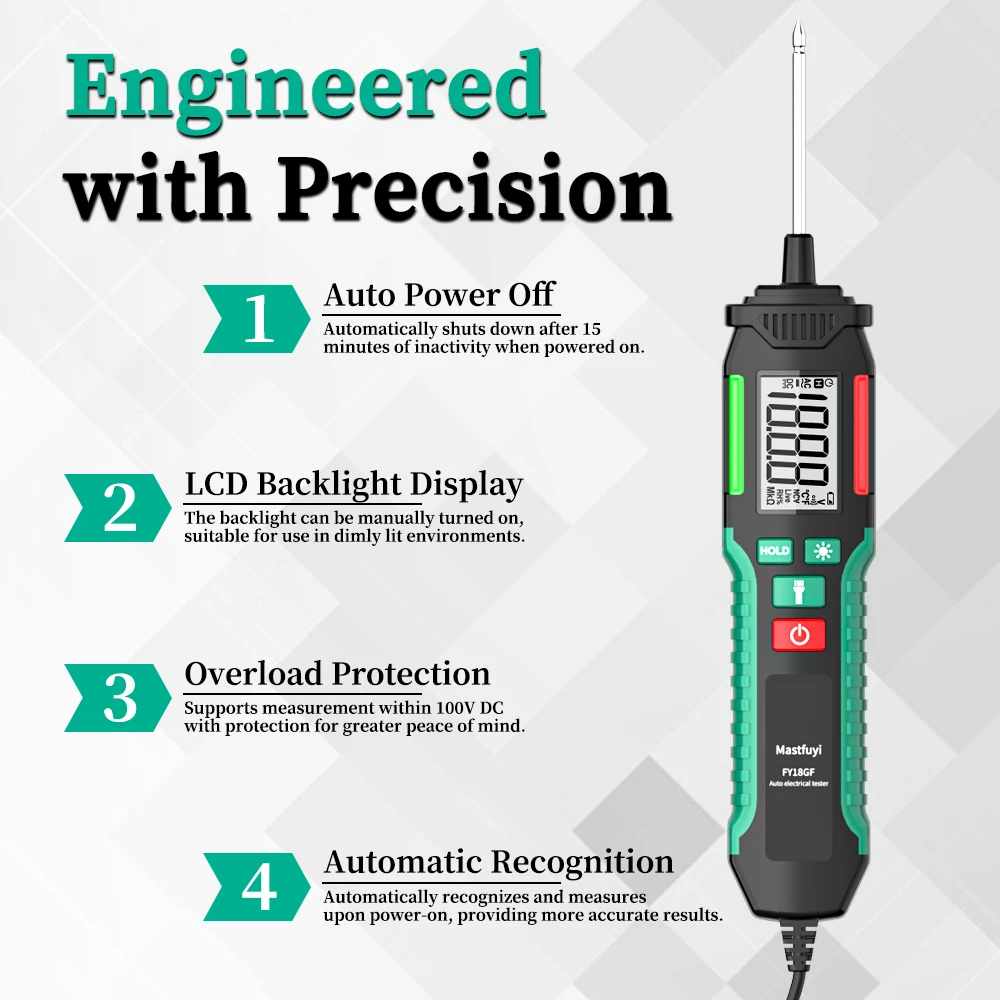 MASTFUYI プロフェッショナル自動識別自動車用テストライト、自動レンジング 3V～100V DC、車/トラック/EV用、導通機能付き