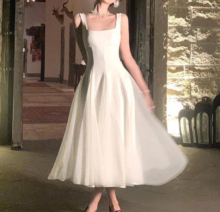 

Summer New Women French Elegant Ruffles Evening Party White Dresses Square Neck Princess Birthday Midi Vestidos Dance Costume