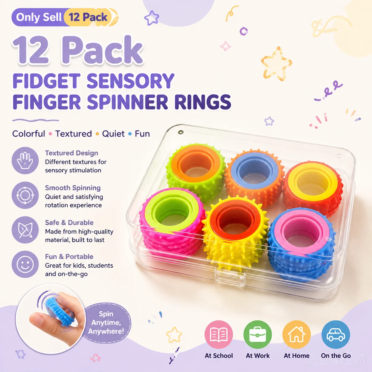 12 Pack Fidget Sensory Finger Spinner Rings, Textured Quiet Stress Relief Fidget Toys, Calming Sensory Tool For Kids