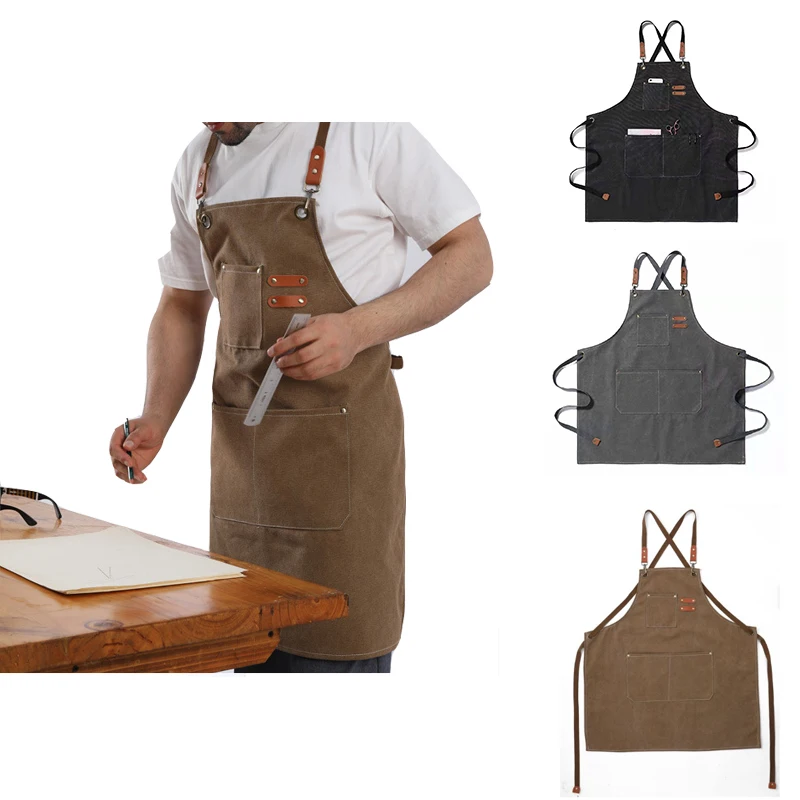 Unisex Canvas Bib Leather Chef Kitchen Apron Barista Bartender Pockets Apron Home Barber Coffee Restaurant Garden Pinafore