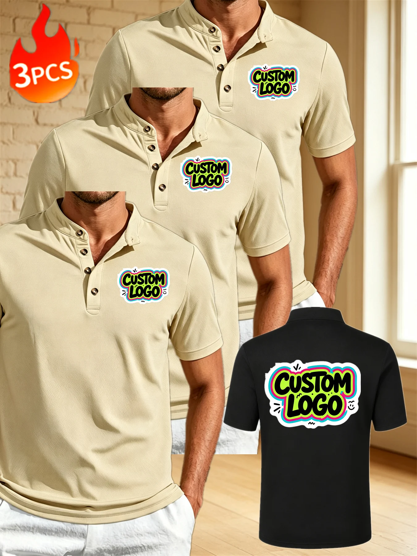 3pcs Custom Product - Customizable Men's Polo Shirt with Front Chest, Left Arm, and Back Customization - Corporate Uniform Custo