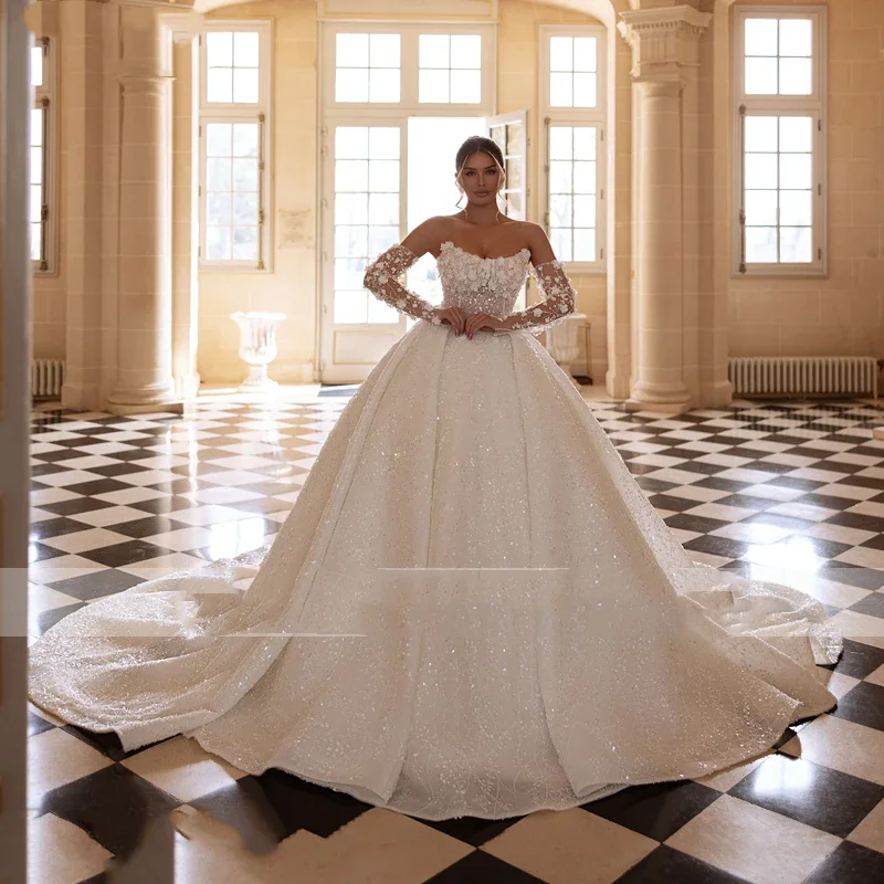 

On Zhu Customized Exquisite Scoop Neck Lace Up Ball Gown Wedding Dresses Beading Embroidery Long Sleeve Princess Bridal Gown