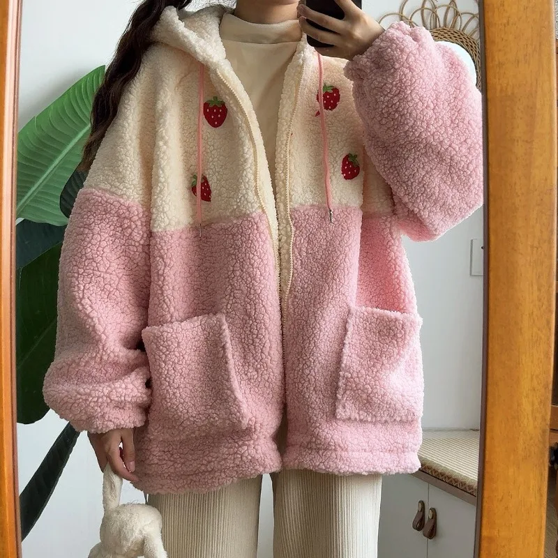 Patchwork Hooded Women Jackets Lamb Wool Kawaii Sweet Sweatshirts Japanese Outerwear Preppy Style Contrast Color Coats Y2k