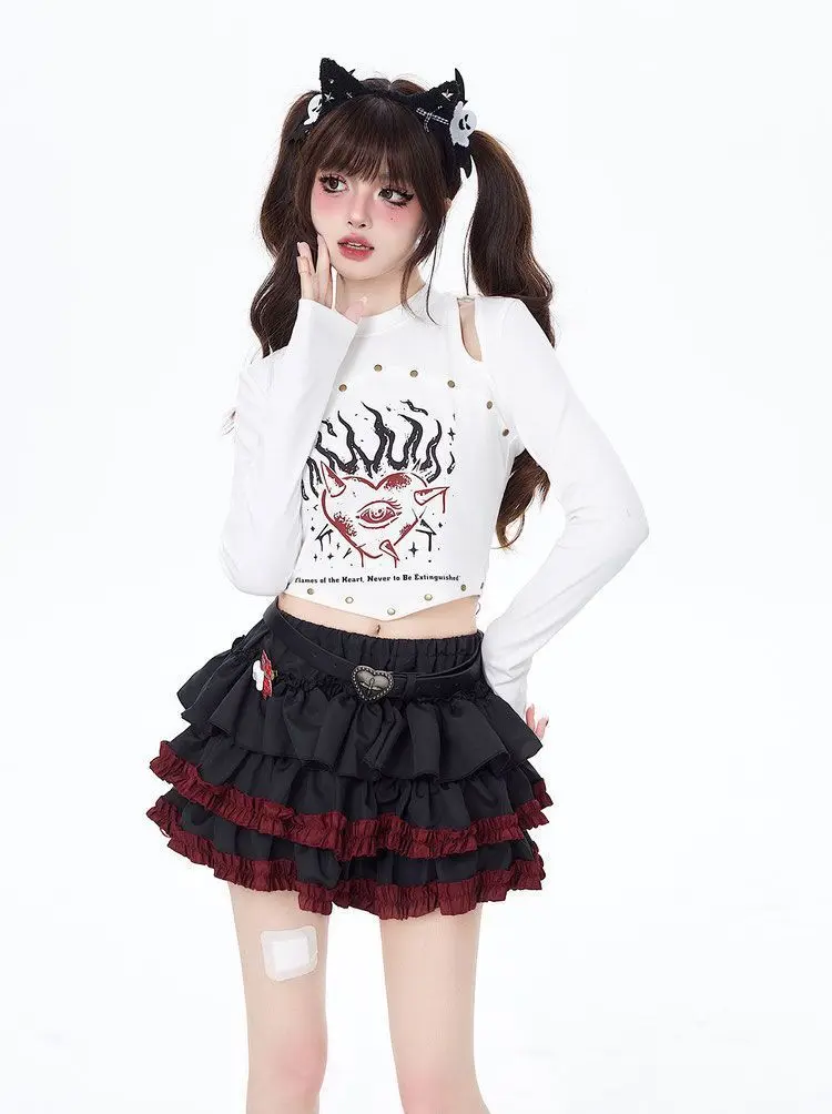 Harajuku Y2k Skirts 2025 Cute Cool Hot Girl Strap Lace Mini Cake Skirt Vintage Aesthetic High Waisted Gothic Punk Ruffles Skirt