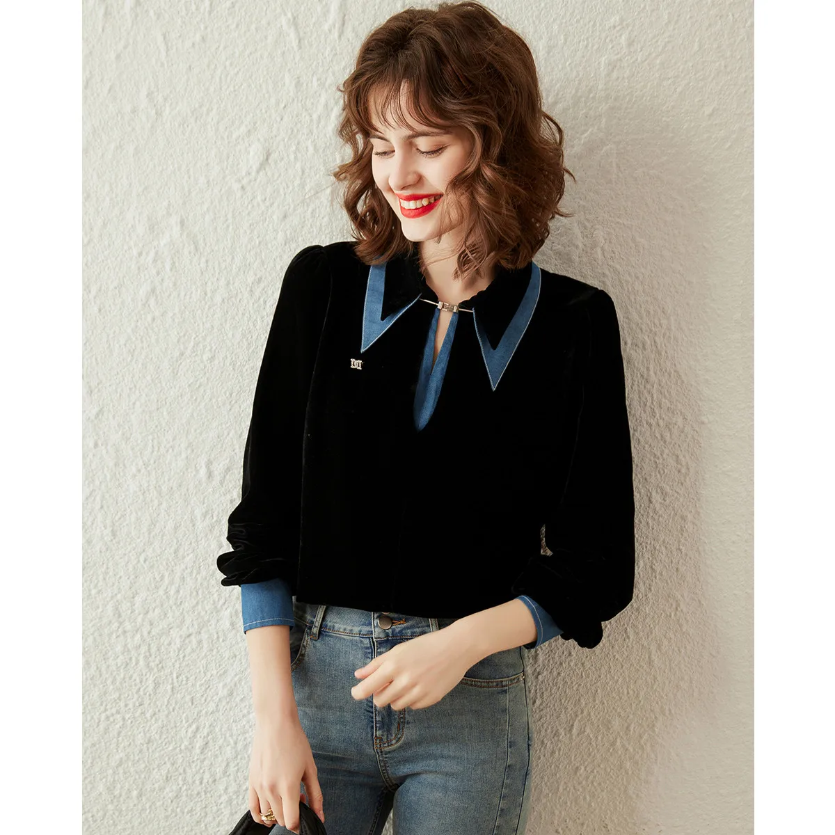 LOUIS YAO 2025 Retro Velvet Fake Two piece Shirt Contrasting Color Cowboy Splicing Collar Long Sleeve Women's Shirt