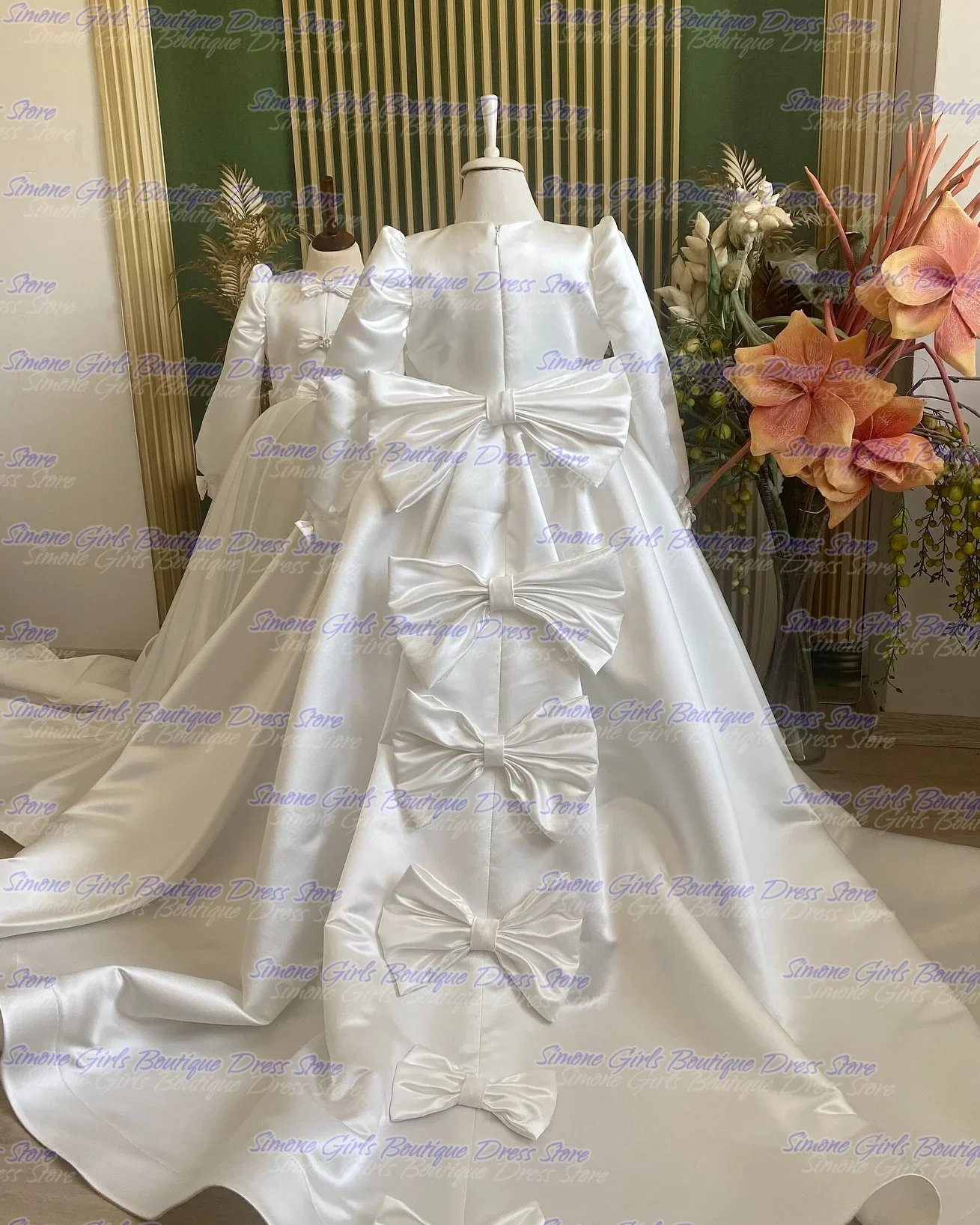 Bow Tie Evening Dress Long Sleeves Flower Girl Dress for Holiday Celebrations Wedding Ceremonies Parties Birthday