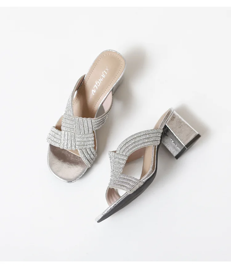 322-7 High Heel Sandals 2023 Summer Fashion Thick Heel Daily Versatile Rhinestone Roman Shoes Women