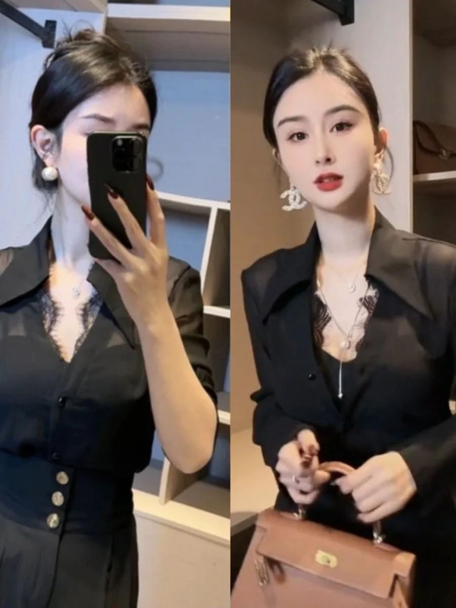 

Spring Summer Black Chiffon Long Sleeve Sun Protection Mesh Top Stylish Slimming Versatile Anti-Aging Design Commute Style Wo...