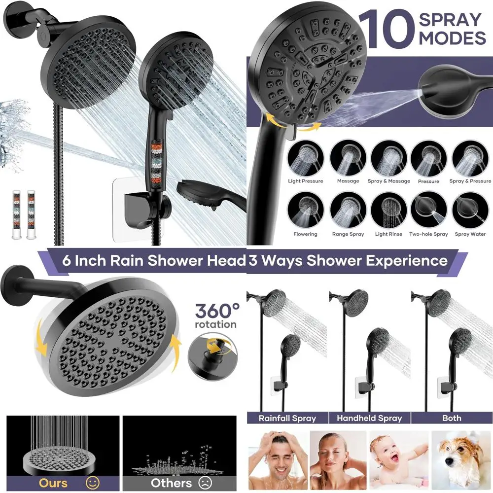 

Dual Shower Heads with High-Pressure Handheld, 10 Modes, 78-Inch Hose, Black