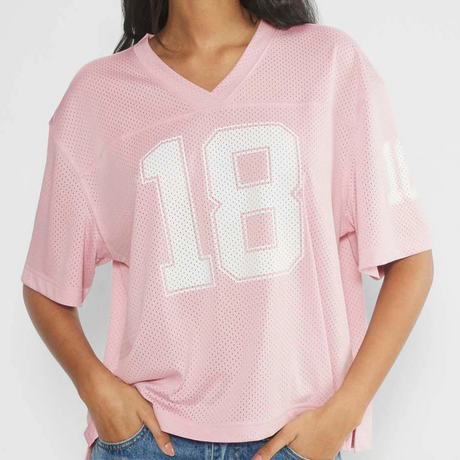 Women's Summer Casual Jersey Tee Short Sleeve Number Print V Neck Loose Fit Mesh Breathable Tops