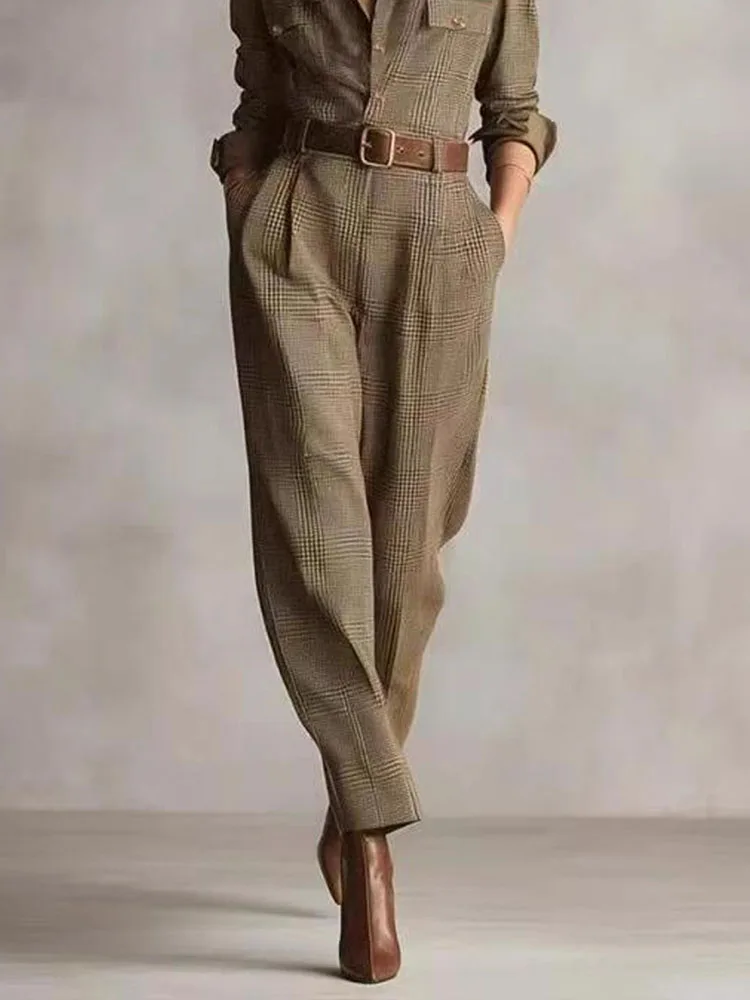 

Women Elegant Checkered Print Pocket Long Romper Casual Long Sleeve Loose Commuting Playsuit Fashion Lapel Collar Shirt Jumpsuit