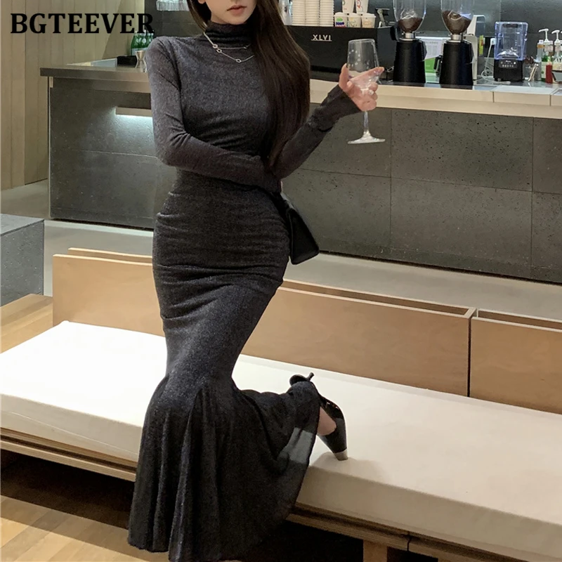 

BGTEEVER Шикарное стильное облегающее платье русалки с высоким воротником и длинными рукавами для женщин, элегантное женское платье на бедрах с тонкой талией