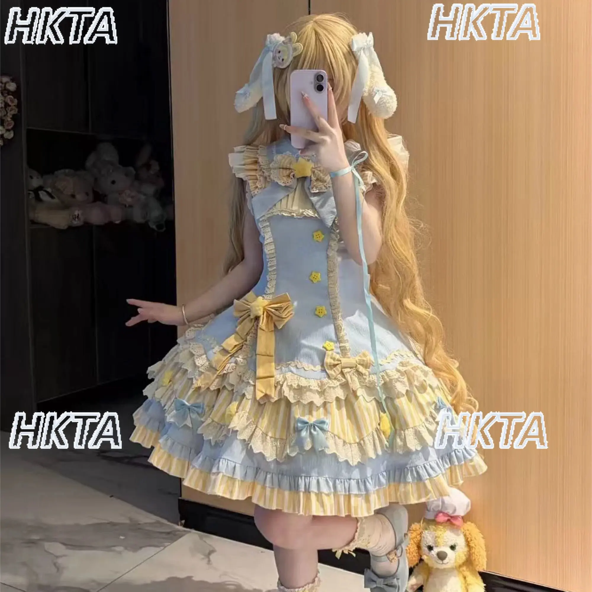 Japanese Kawaii Lolita Dresses Doll Collar Flying Sleeve Lace Bow Pleated Ruffle Edge Cake Color Matching Sweet Cute Dress Women