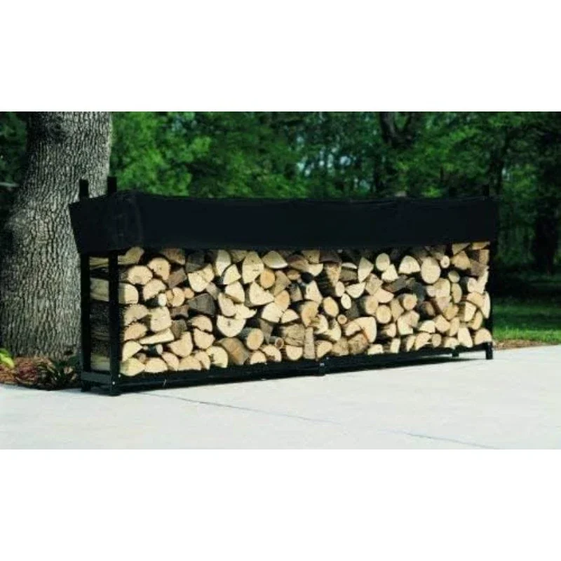 home.10 Foot Black Firewood Log Rack With Optional Seasoning Cover - Steel Outdoor Rack with Black Texture Powder Coat Finish (C