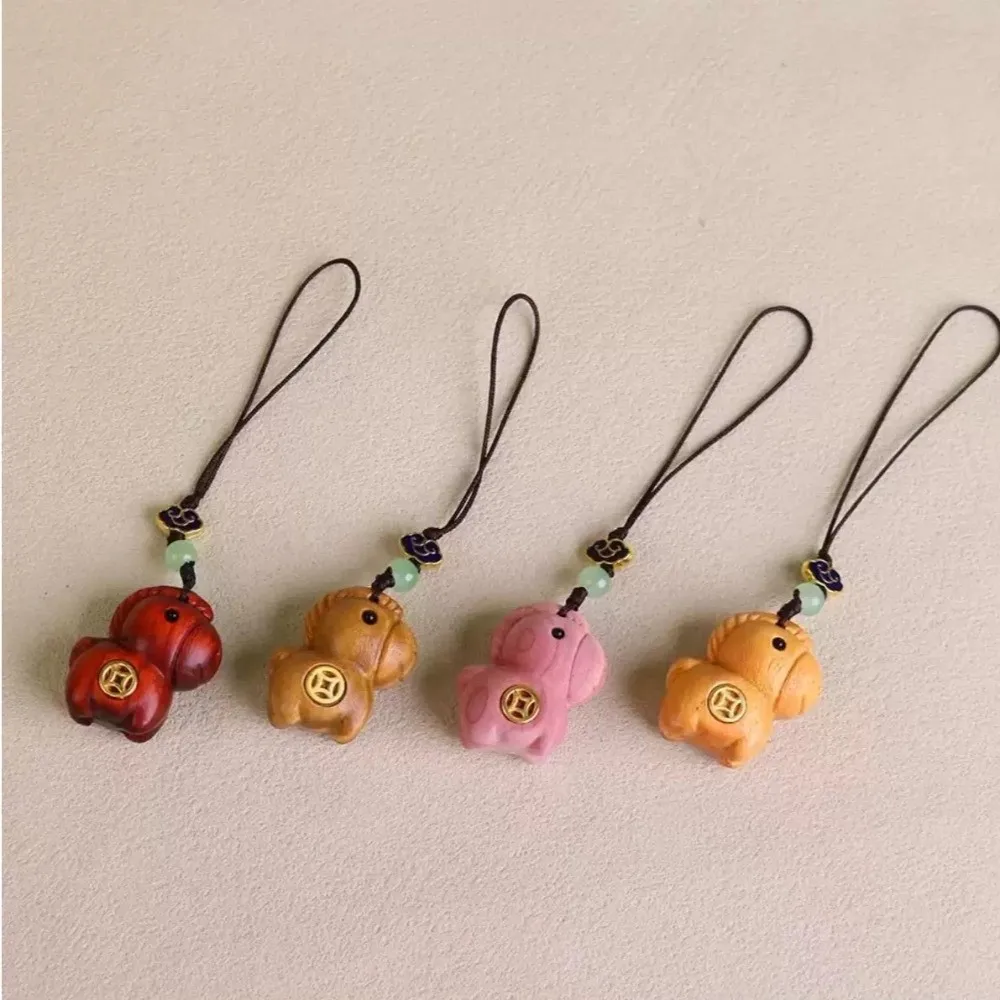 Becoming Rich Zodiac Horse Key Chain Cartoon Handmade Rope Wood Phone Chain Lanyard Sandalwood Chinese Style Key Ring New Year