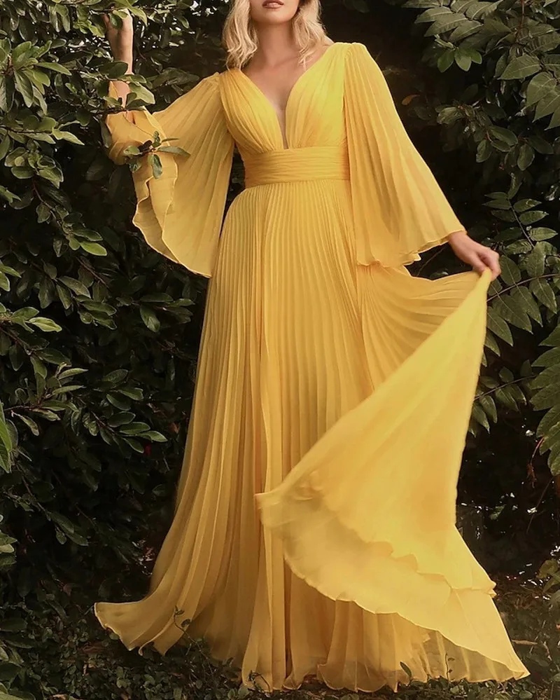 

Elegant Gold A-line Evening Formal Dresses Open Back Long Sleeve V Neck Chiffon Pleats Prom Party Gowns Robe De Soiree